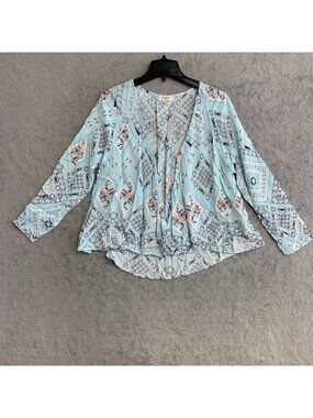 Umgee Women's S Blue Boho Print Long-Sleeve Lightweight Blouse P0013
